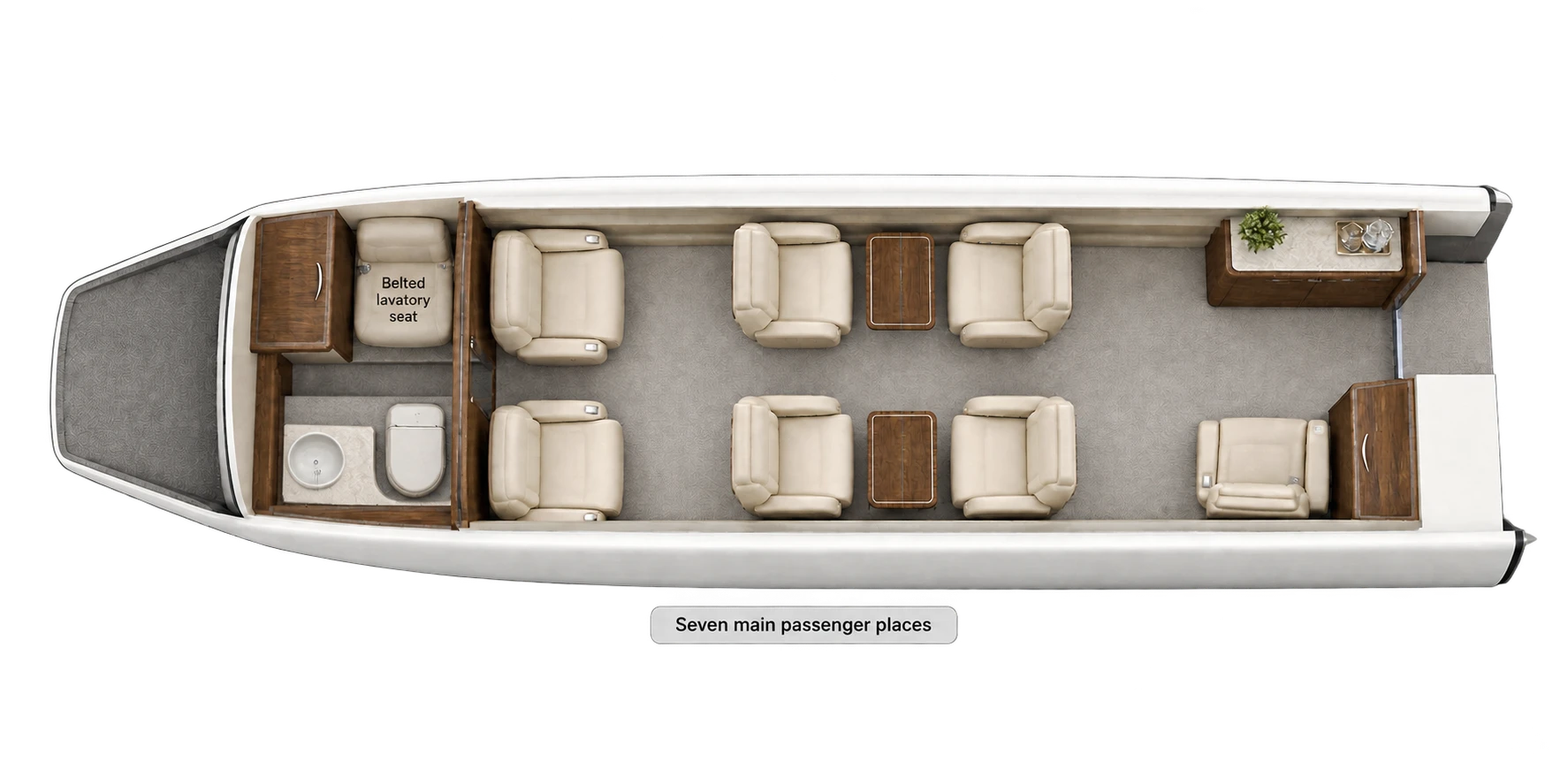 Cessna Citation Ascend (design reference) seat map illustration: top-down view of the cabin. NetJets Citation Ascend representative layout: seven main places, plus a separately labeled belted lavatory seat excluded from that count. External baggage is beyond the aft cabin bulkhead. Individual installed seating, interior and equipment are not established.
