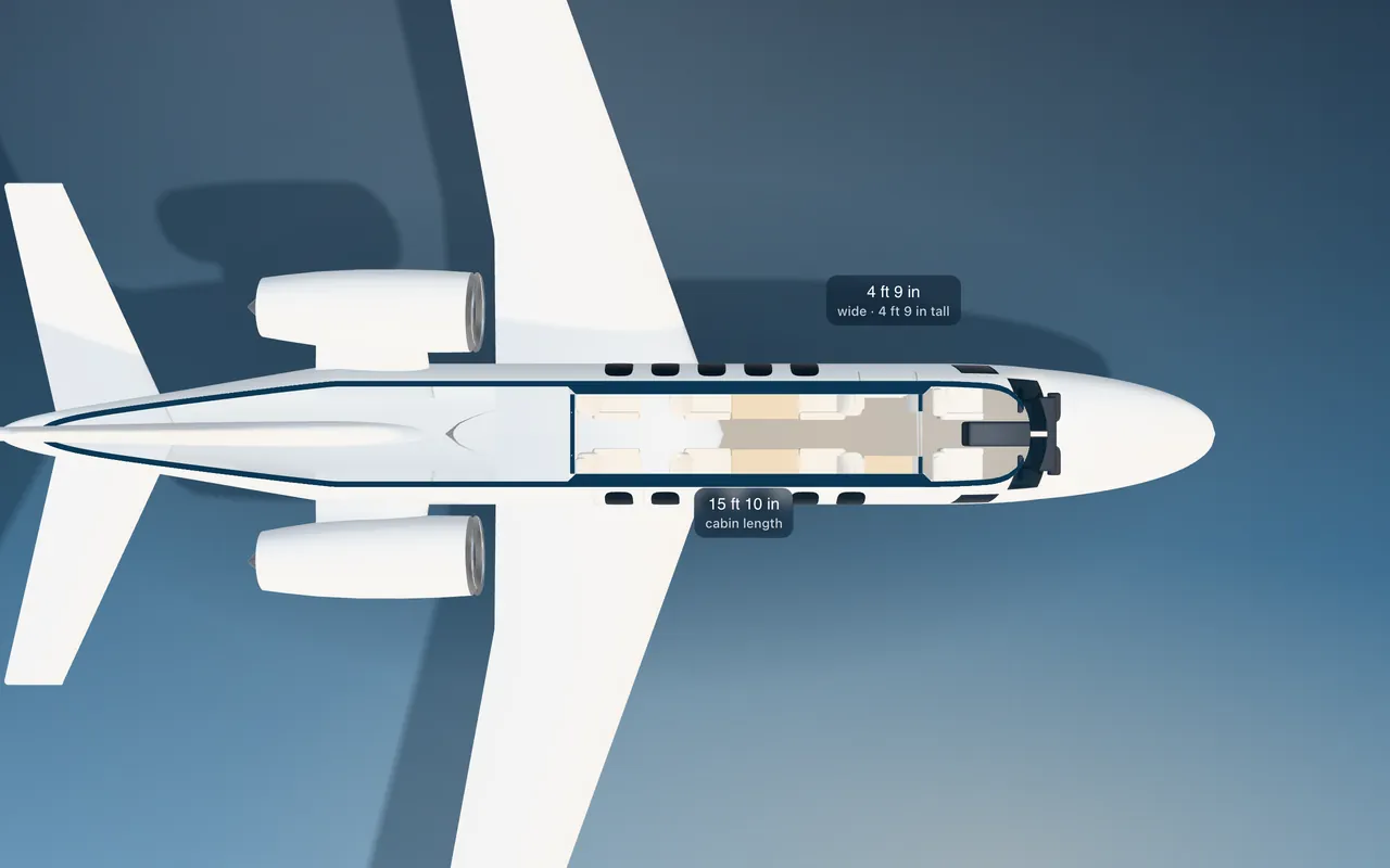 Cessna Citation Bravo 3D seat map illustration: plan view cut through the 15 ft 10 in cabin, with a representative 6-seat layout.