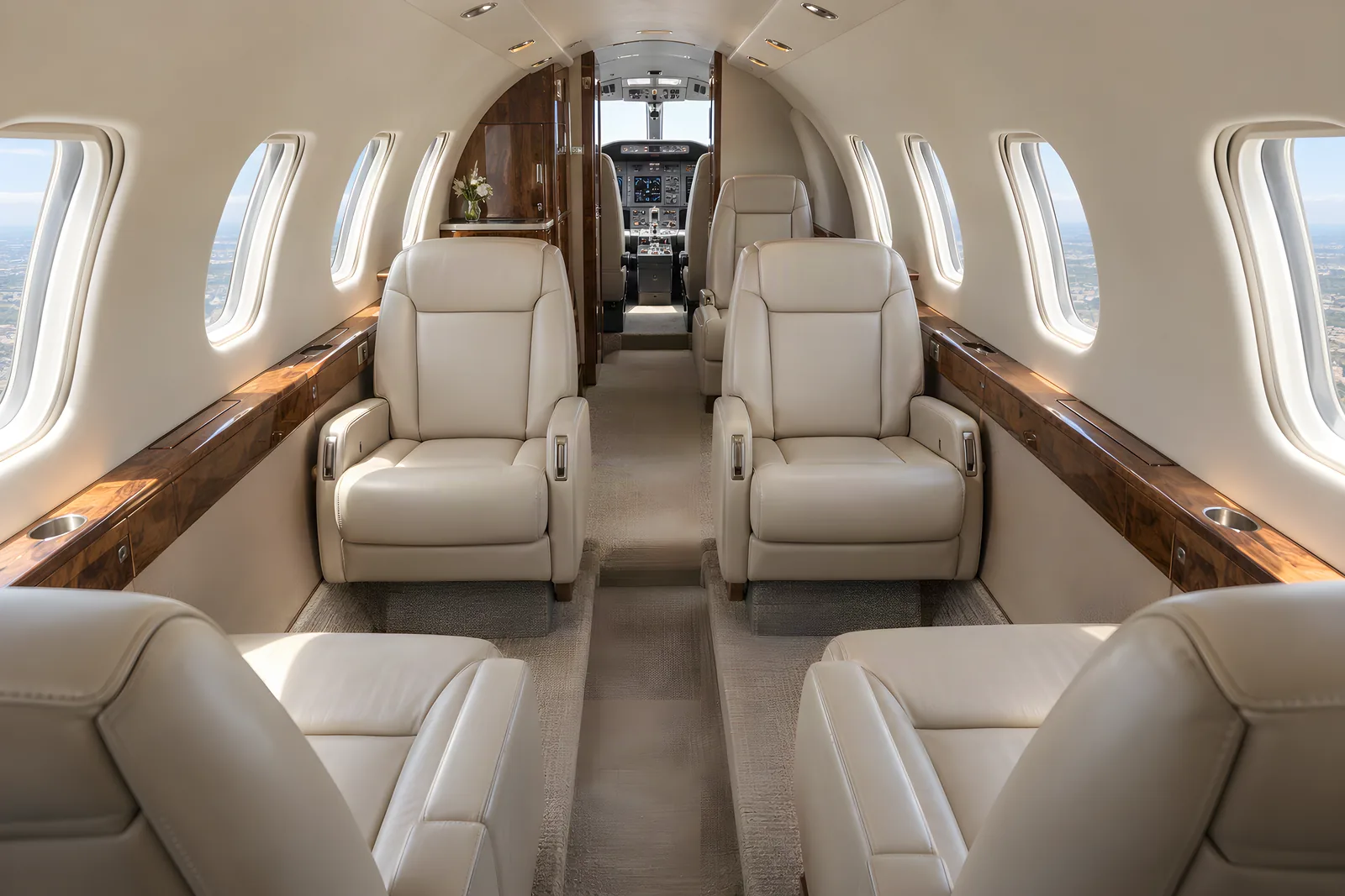 Cessna Citation Bravo cabin interior illustration: illustration of a Cessna Citation Bravo type cabin, 57 inches high and approximately 57.6 inches wide, with cream seating and walnut veneer.