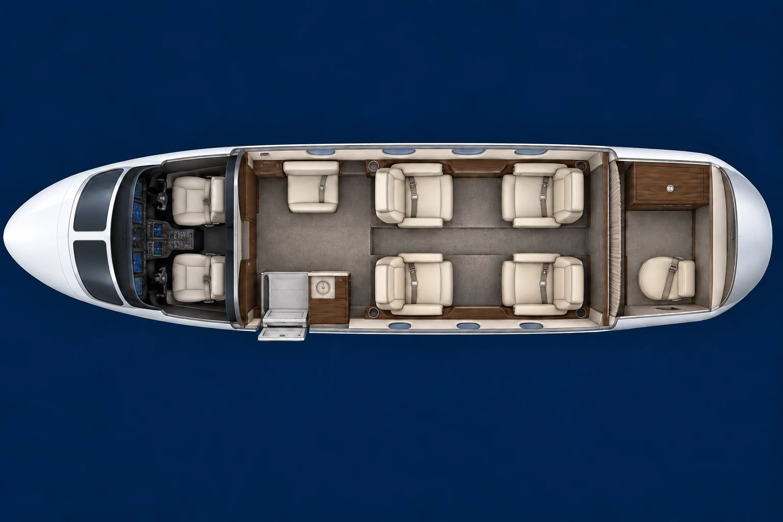 Cessna Citation CJ1 seat map illustration: top-down view of the cabin. Representative CJ1+ layout: four club seats, one forward side-facing seat and a separate aft belted toilet. Actual aircraft configurations vary.