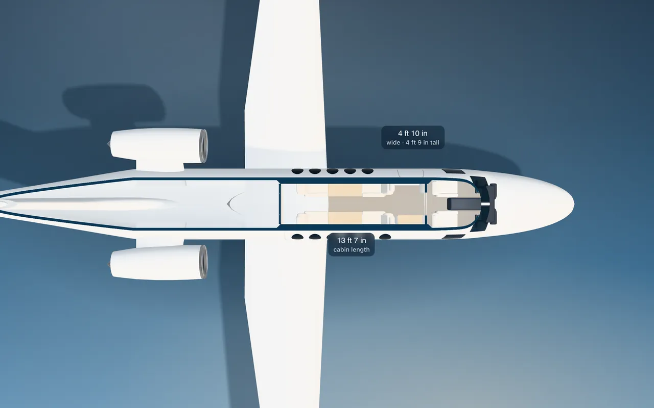 Cessna Citation CJ2 3D seat map illustration: plan view cut through the 13 ft 7 in cabin, with a representative 4-seat layout.