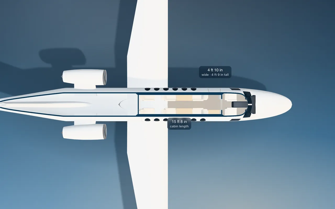 Cessna Citation CJ3 3D seat map illustration: plan view cut through the 15 ft 8 in cabin, with a representative 6-seat layout.
