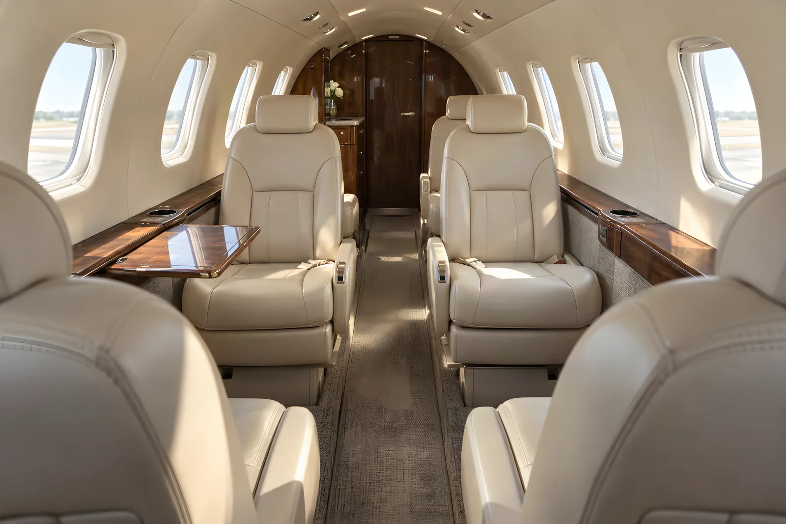 Cessna Citation CJ3 cabin interior illustration: generated type illustration looking forward through a conventional CJ3/CJ3+ cabin, with cream single chairs, walnut side ledges, a narrow aisle and a low curved ceiling. Interior completion varies by aircraft and marketed generation.