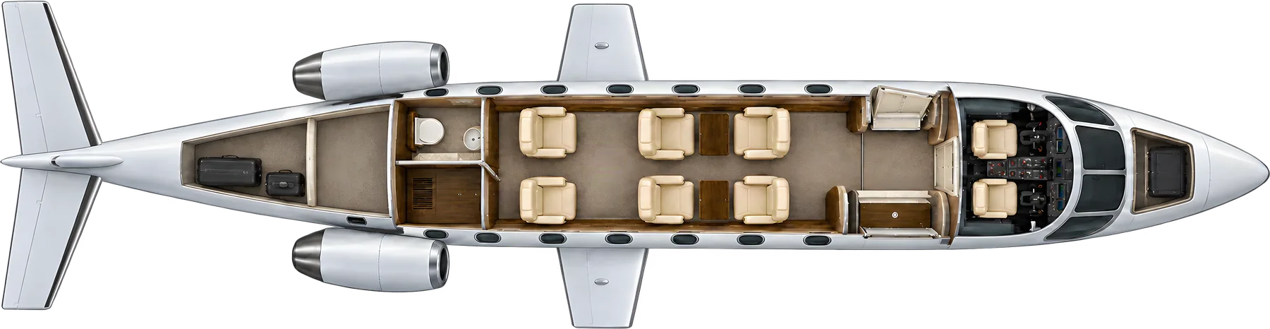 Cessna Citation CJ3 seat map illustration, layout 2: top-down view of the cabin. Typical 6-passenger layout: a club of four, two forward-facing aft seats, forward refreshment center, aft lavatory.