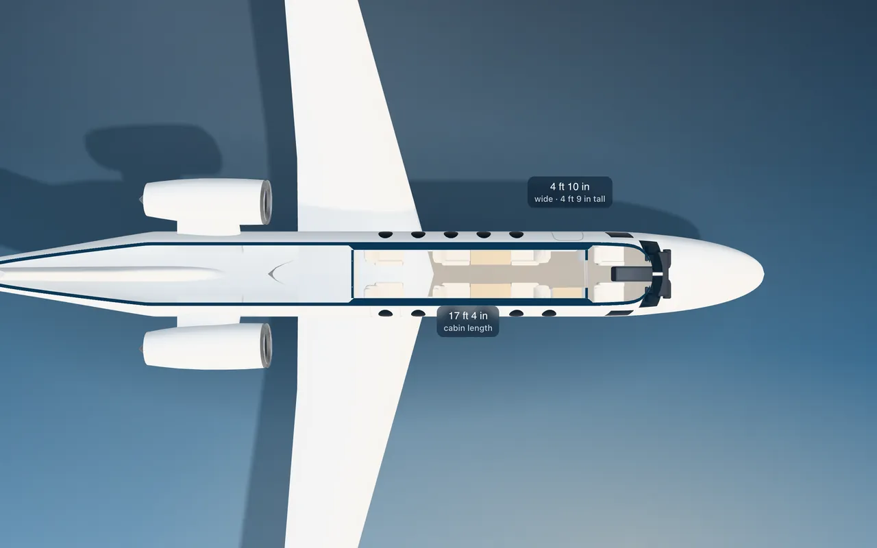 Cessna Citation CJ4 series 3D seat map illustration: plan view cut through the 17 ft 4 in cabin, with a representative 6-seat layout.