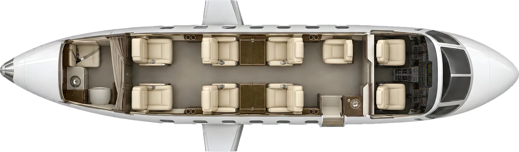 Cessna Citation CJ4 series seat map illustration, layout 2: top-down view of the cabin. Typical 7-passenger layout: a club of four, a side-facing seat, two aft seats, belted lavatory.