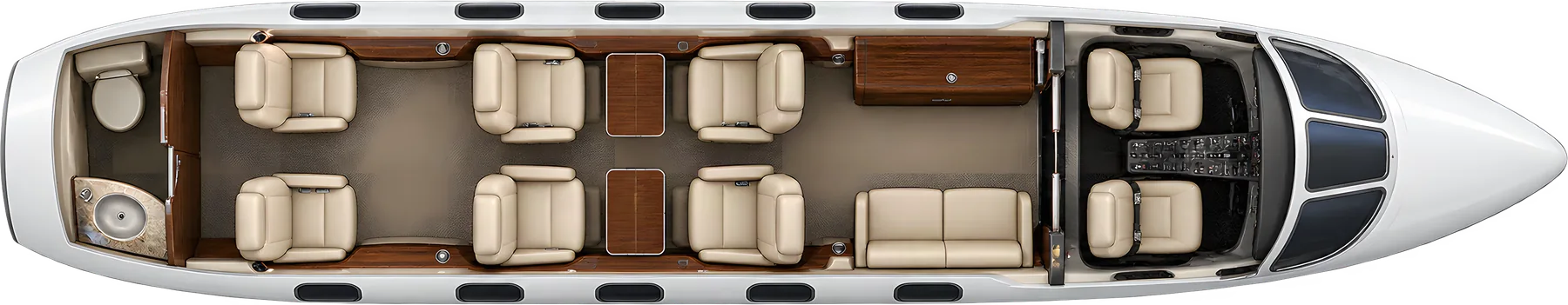 Cessna Citation CJ4 series seat map illustration: top-down view of the cabin. Illustrated conventional CJ4 / CJ4 Gen2 completion: six main chairs and a two-place side-facing couch, plus two cockpit seats, forward refreshment center and aft lavatory. Fuselage cutaway only.