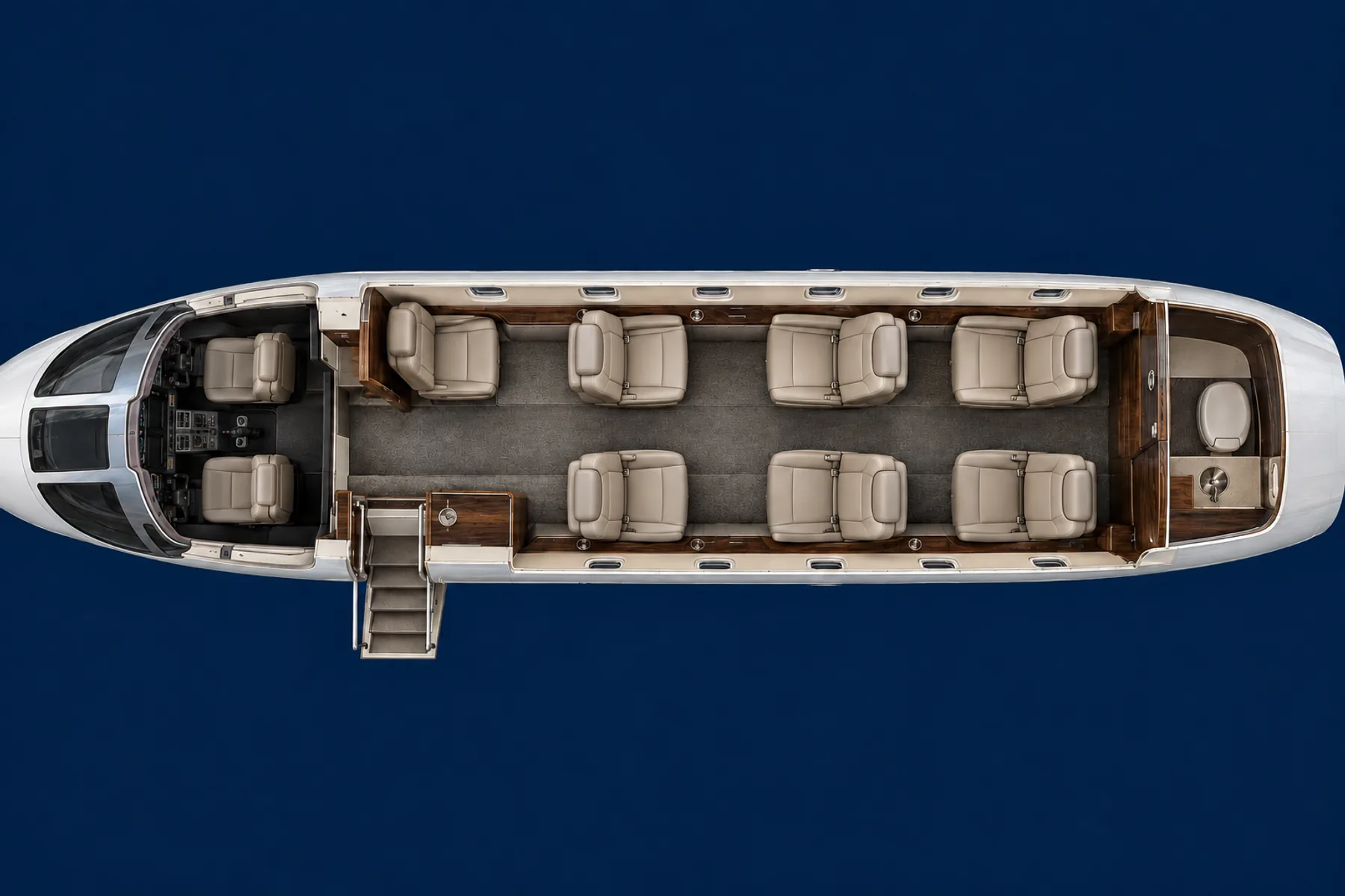 Cessna Citation Encore seat map illustration: top-down view of the cabin. Representative seven-main-seat layout: forward aft-facing chair, four-seat club and aft pair. Belted lavatory position is separate. Interiors vary by aircraft.