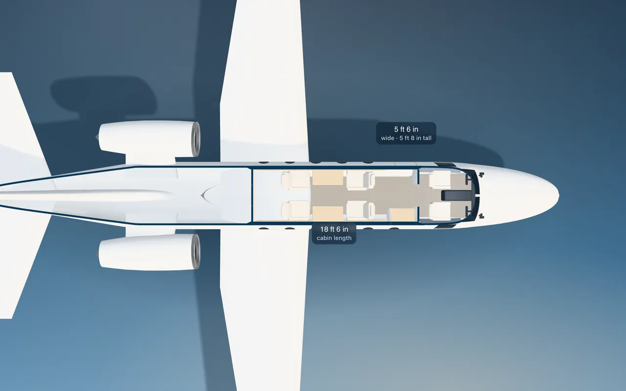 Cessna Citation Excel 3D seat map illustration: plan view cut through the 18 ft 6 in cabin, with a representative 4-seat layout.