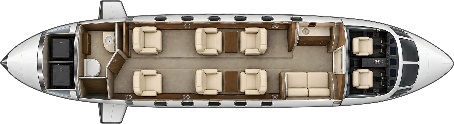 Cessna Citation Excel seat map illustration, layout 2: top-down view of the cabin. Typical 8-passenger layout: a club of four, two aft forward-facing seats, a forward two-place divan, forward galley and aft lavatory.