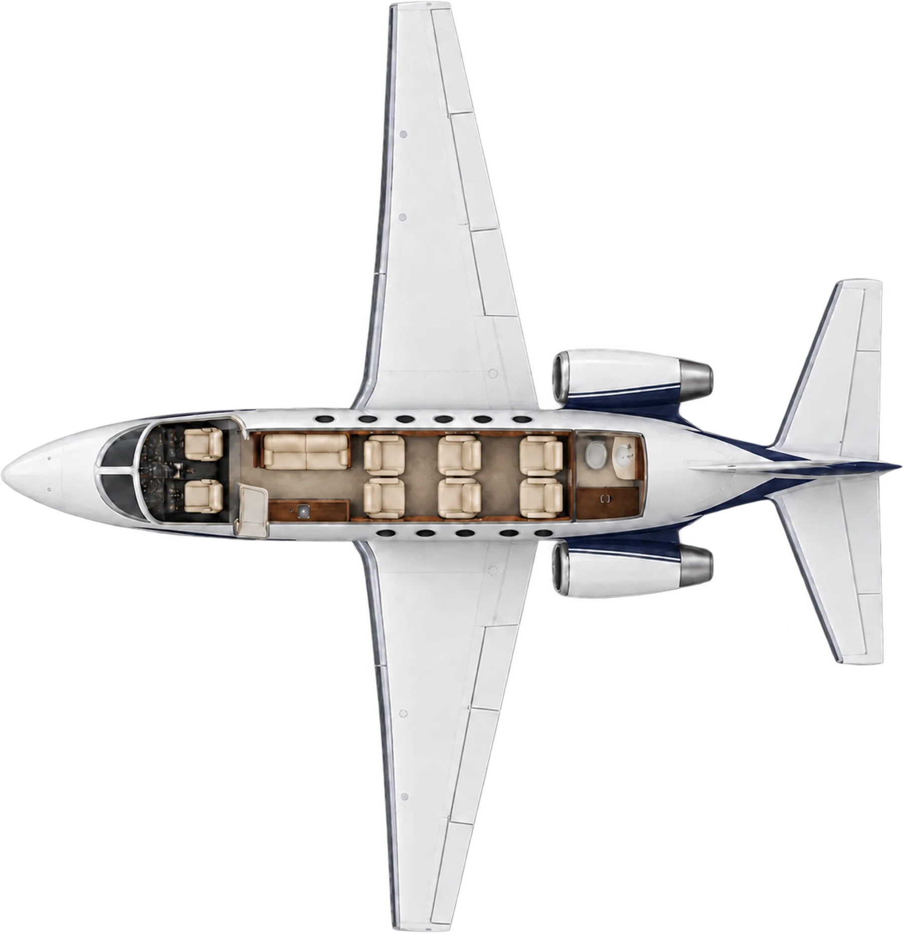 Cessna Citation Excel seat map illustration: top-down view of the cabin. Illustrative eight-place example: forward two-place side-facing divan, four-chair facing club and two aft forward-facing chairs; pilots and aft lavatory separate.