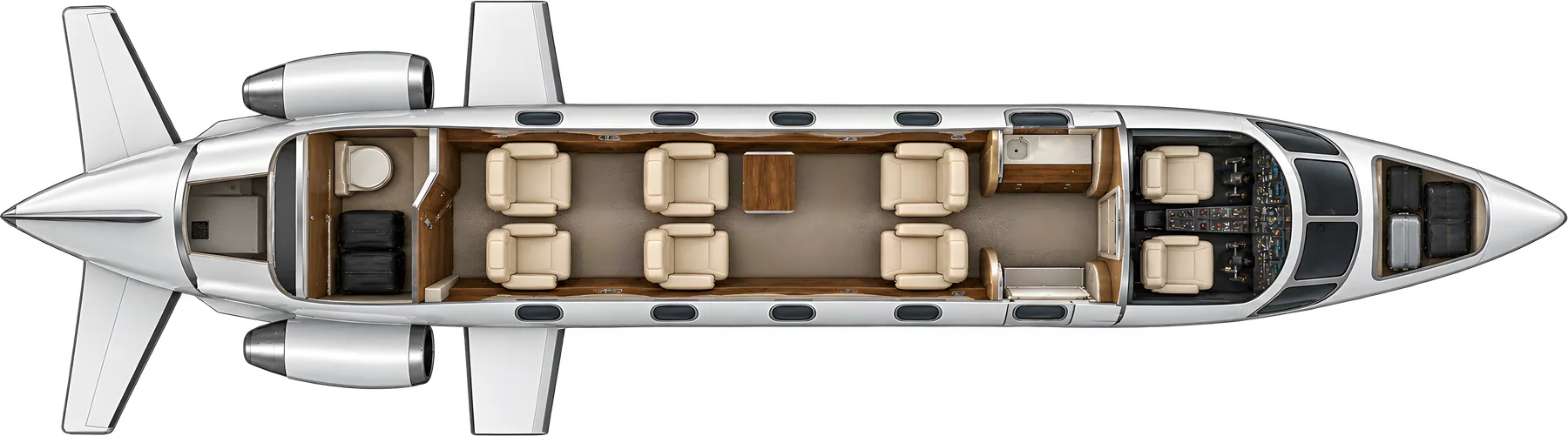 Cessna Citation I seat map illustration: top-down view of the cabin. Typical 6-passenger layout: a club of four, two forward-facing aft seats, forward refreshment center, aft lavatory.