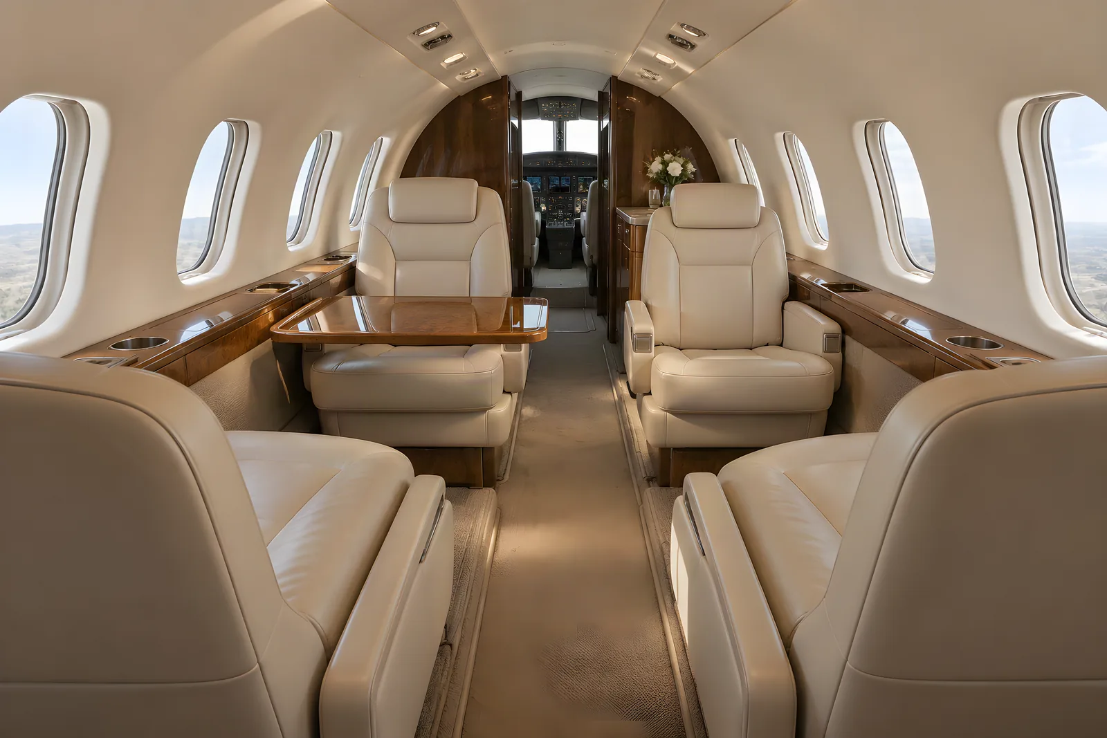 Cessna Citation II cabin interior illustration: illustration of a Cessna Citation II type cabin, 56 inches high and 59.2 inches wide, with cream seating and walnut veneer.
