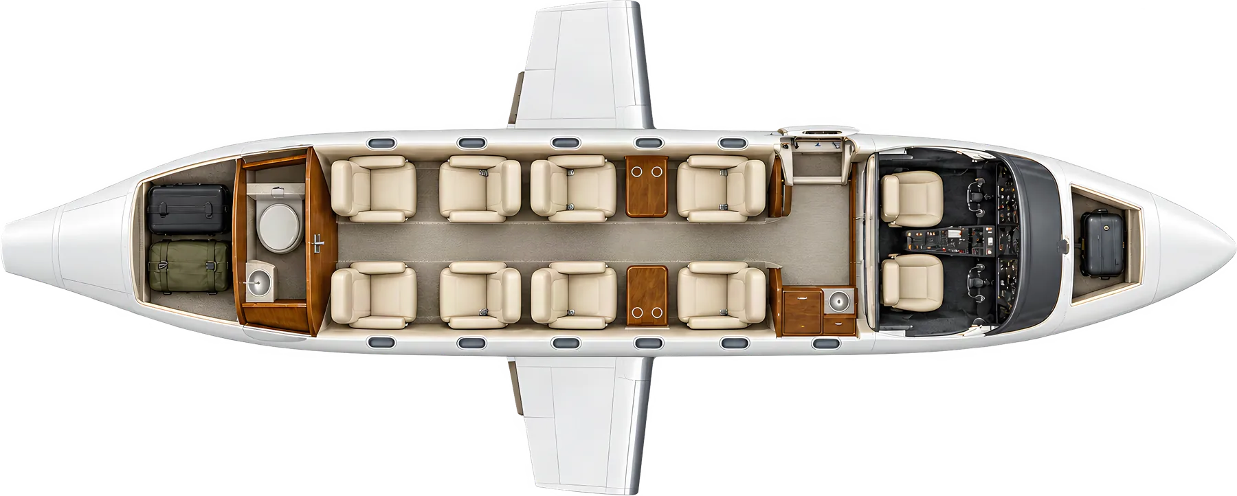 Cessna Citation II seat map illustration, layout 2: top-down view of the cabin. Typical 8-passenger layout: two four-seat clubs, forward refreshment cabinet, aft lavatory and baggage.