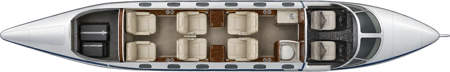 Cessna Citation II seat map illustration: top-down view of the cabin. Illustrative 6-passenger layout: central four-seat club and two rear chairs; forward refreshment cabinet and toilet.