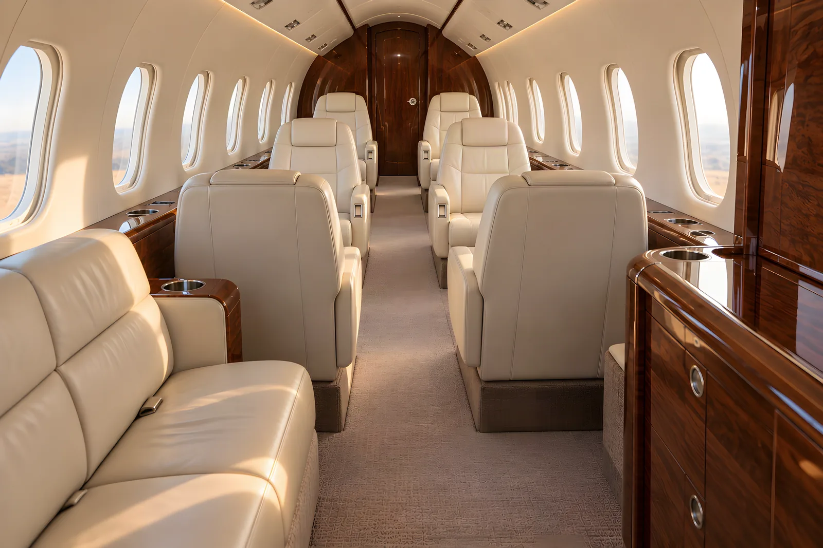 Cessna Citation III cabin interior illustration: warm sunlight fills a compact Citation III cabin with cream leather club chairs, a forward two-place divan, oval windows, walnut cabinetry and a narrow aisle leading aft to the lavatory.