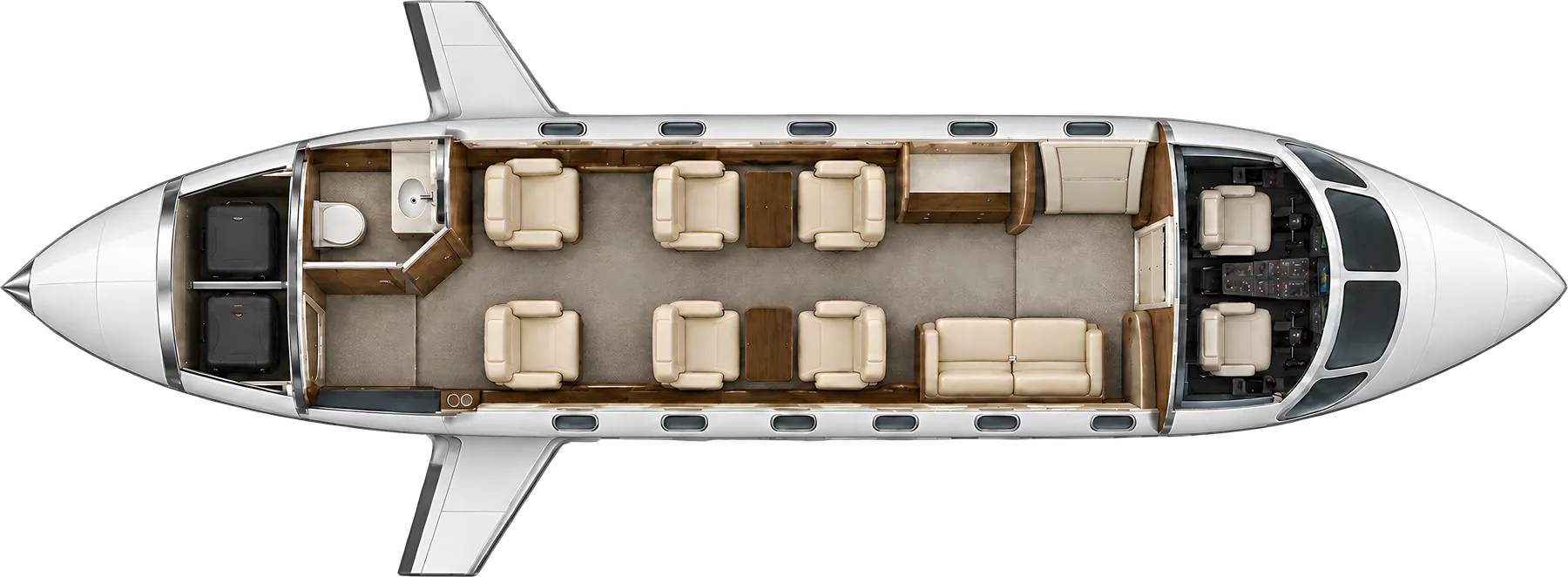 Cessna Citation III seat map illustration: top-down view of the cabin. Representative eight-seat Model 650 cabin, based on a documented refitted Citation III configuration: four club chairs, two aft chairs and a two-place forward divan. Actual III, VI and VII interiors vary; this does not establish a factory-standard or installed cabin.