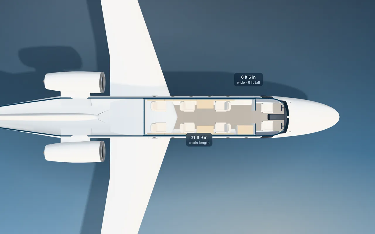 Cessna Citation Latitude 3D seat map illustration: plan view cut through the 21 ft 9 in cabin, with a representative 6-seat layout.