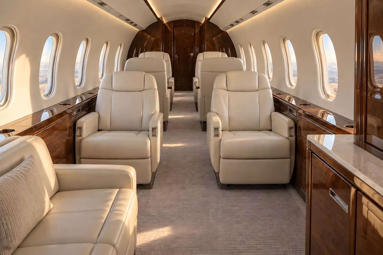 Cessna Citation Latitude cabin interior illustration: an eye-level view looking aft through a Cessna Citation Latitude cabin shows cream leather seating, warm wood veneer, tall oval windows, and a flat aisle beneath the arched stand-up ceiling.