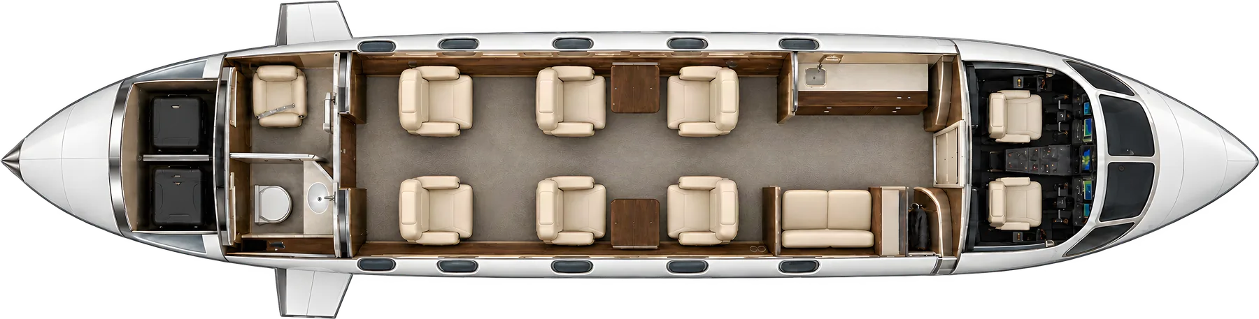 Cessna Citation Latitude seat map illustration: top-down view of the cabin. Typical 9-passenger layout: a forward two-place divan, a club of four, two aft seats, and a belted seat in the aft lavatory.