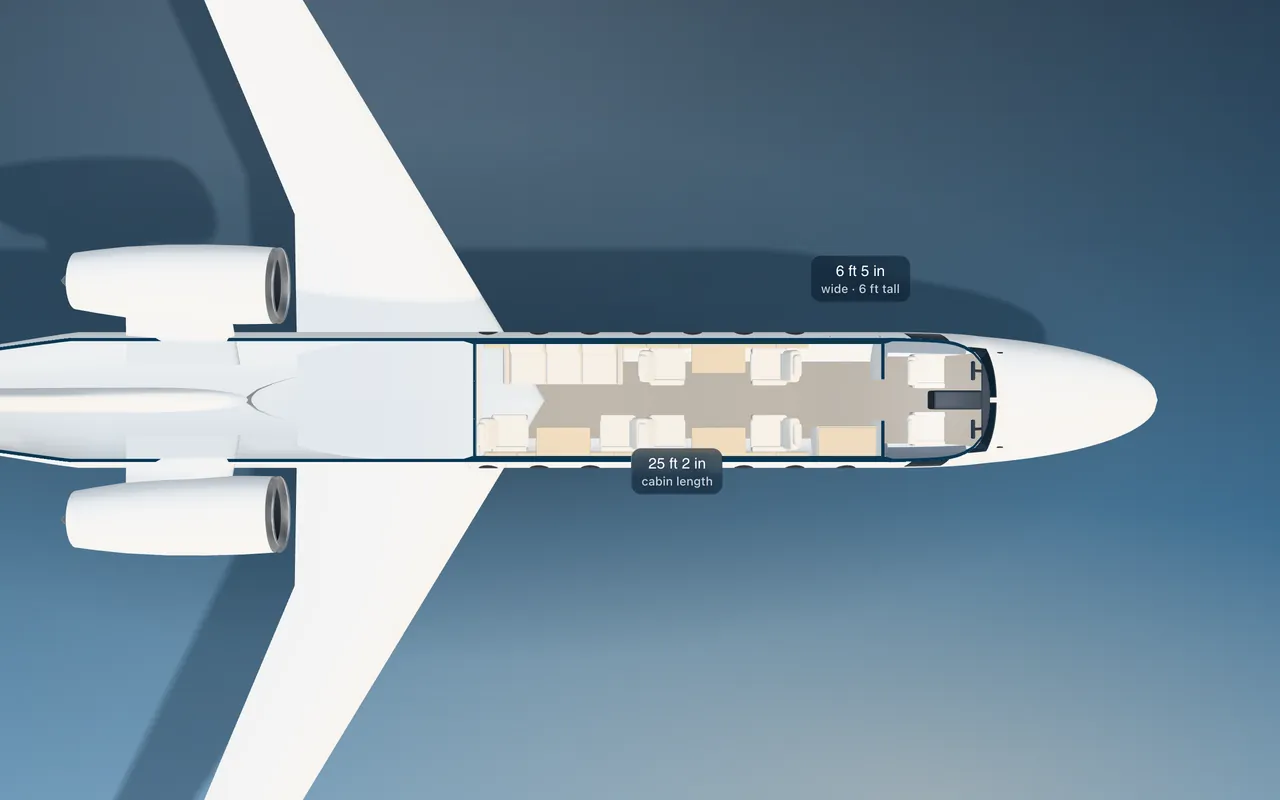 Cessna Citation Longitude 3D seat map illustration: plan view cut through the 25 ft 2 in cabin, with a representative 9-seat layout.