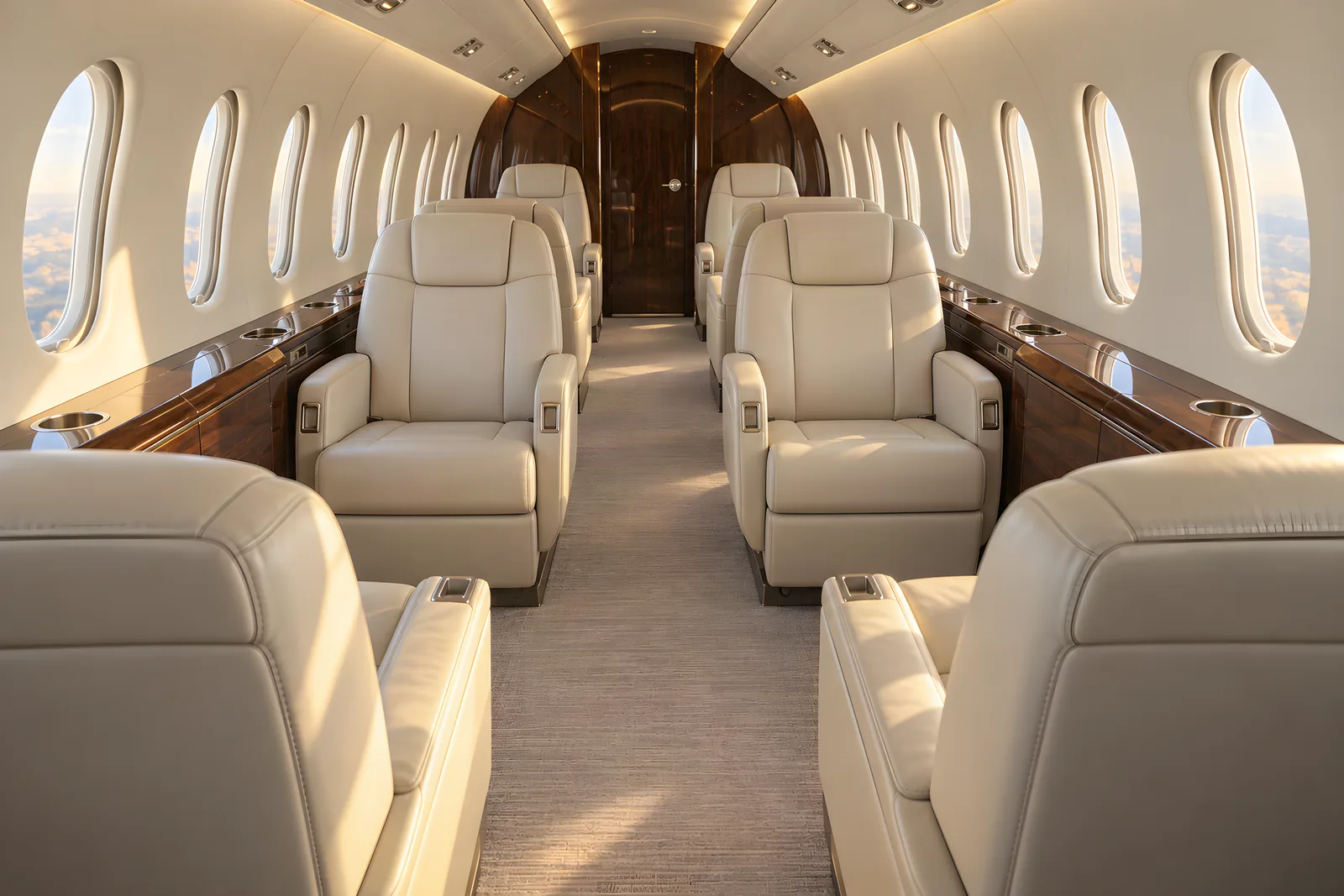 Cessna Citation Longitude cabin interior illustration: eye-level view looking aft through a Cessna Citation Longitude stand-up cabin with eight cream leather club seats, tall oval windows, walnut veneer and warm natural light.