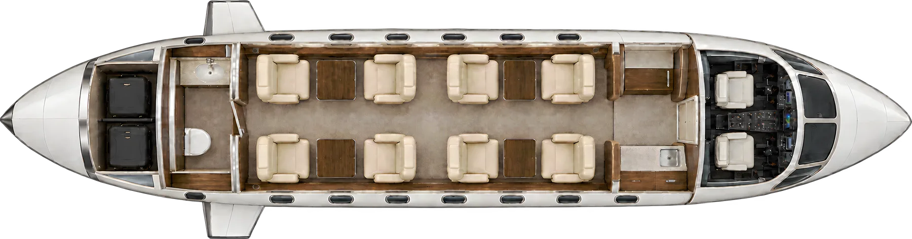 Cessna Citation Longitude seat map illustration: top-down view of the cabin. Typical 8-passenger layout: two clubs of four, forward galley, aft lavatory and walk-in baggage.