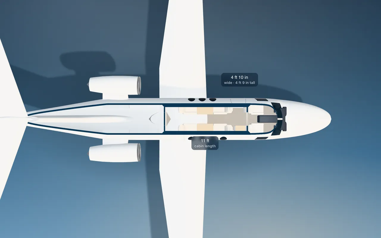 Cessna Citation M2 series 3D seat map illustration: plan view cut through the 11 ft cabin, with a representative 4-seat layout.
