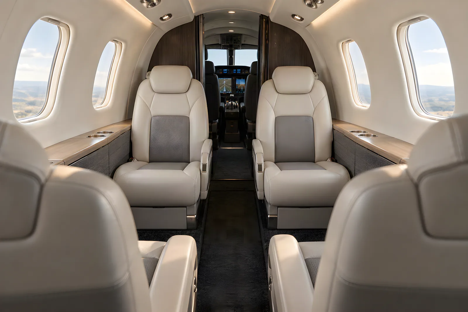 Cessna Citation M2 series cabin interior illustration: generated illustration of a compact Citation M2 cabin looking forward past four opposing club chairs into the cockpit, with a low curved ceiling, narrow aisle and light wood side ledges.