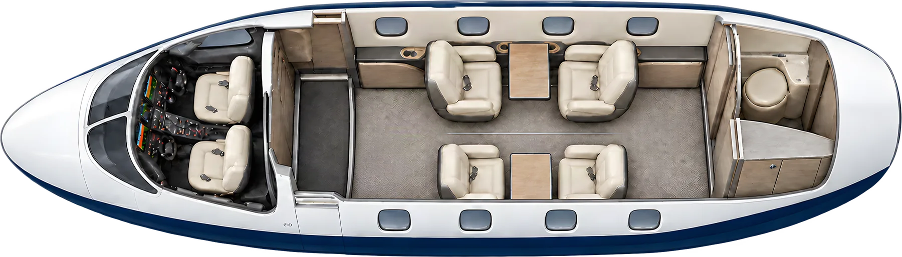 Cessna Citation M2 series seat map illustration: top-down view of the cabin. Illustrated M2 / M2 Gen2 center club: four passenger chairs and two cockpit seats, forward entry area and aft toilet compartment. Optional forward side-facing chair omitted. Fuselage cutaway only.