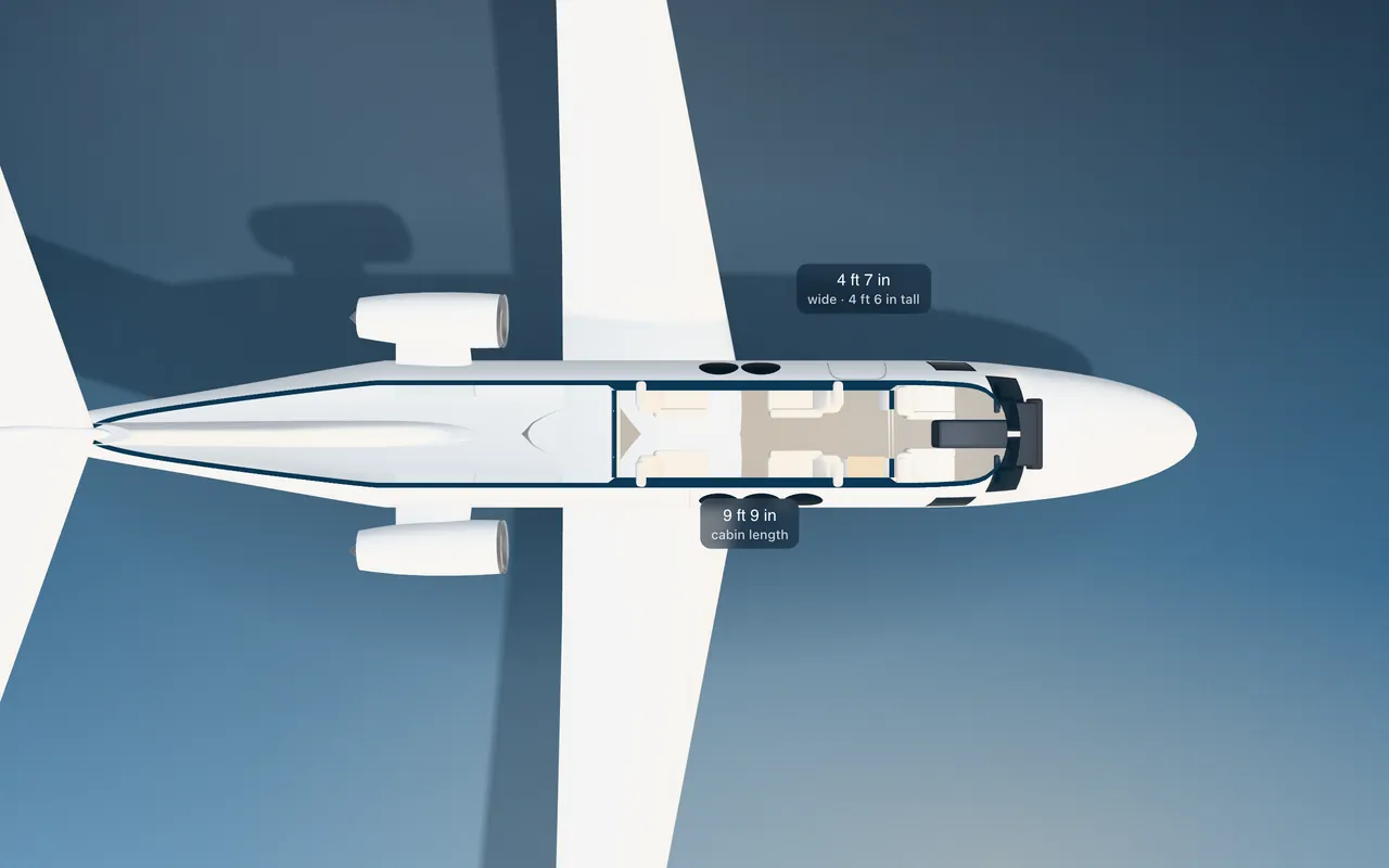 Cessna Citation Mustang 3D seat map illustration: plan view cut through the 9 ft 9 in cabin, with a representative 4-seat layout.