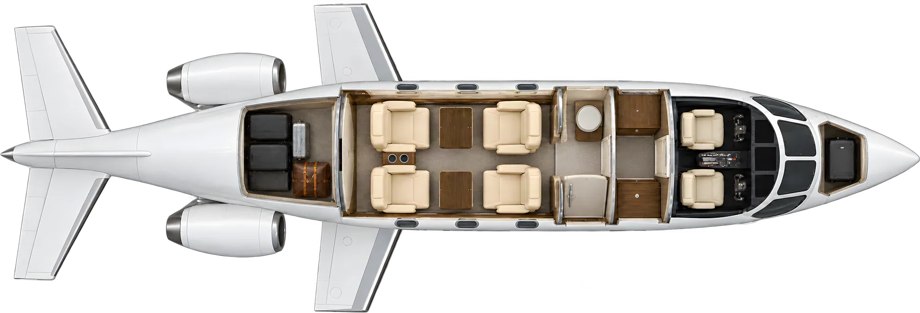 Cessna Citation Mustang seat map illustration: top-down view of the cabin. Typical 4-passenger layout: a club of four, forward toilet, beverage storage, nose and tail baggage.
