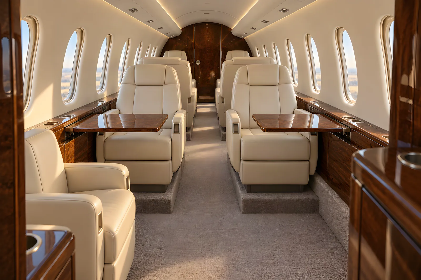 Cessna Citation Sovereign cabin interior illustration: an eye-level view looking aft through a Cessna Citation Sovereign cabin shows cream leather club seats, a forward side-facing chair, wood veneer cabinetry, oval windows and a narrow dropped aisle in warm natural light.