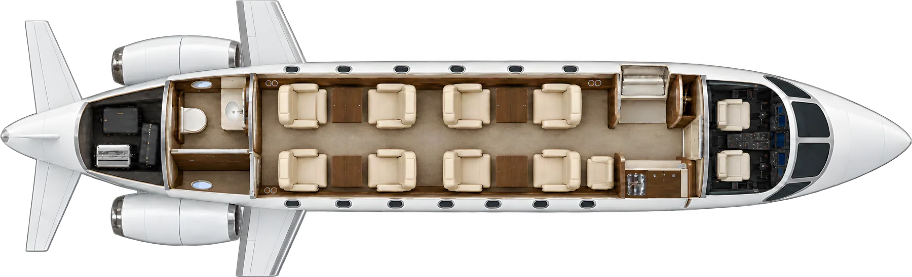 Cessna Citation Sovereign seat map illustration: top-down view of the cabin. Representative nine-passenger double-club arrangement with eight club chairs and one forward side-facing seat, forward galley and aft lavatory. Actual Sovereign and Sovereign+ completions, equipment and furnishings vary.