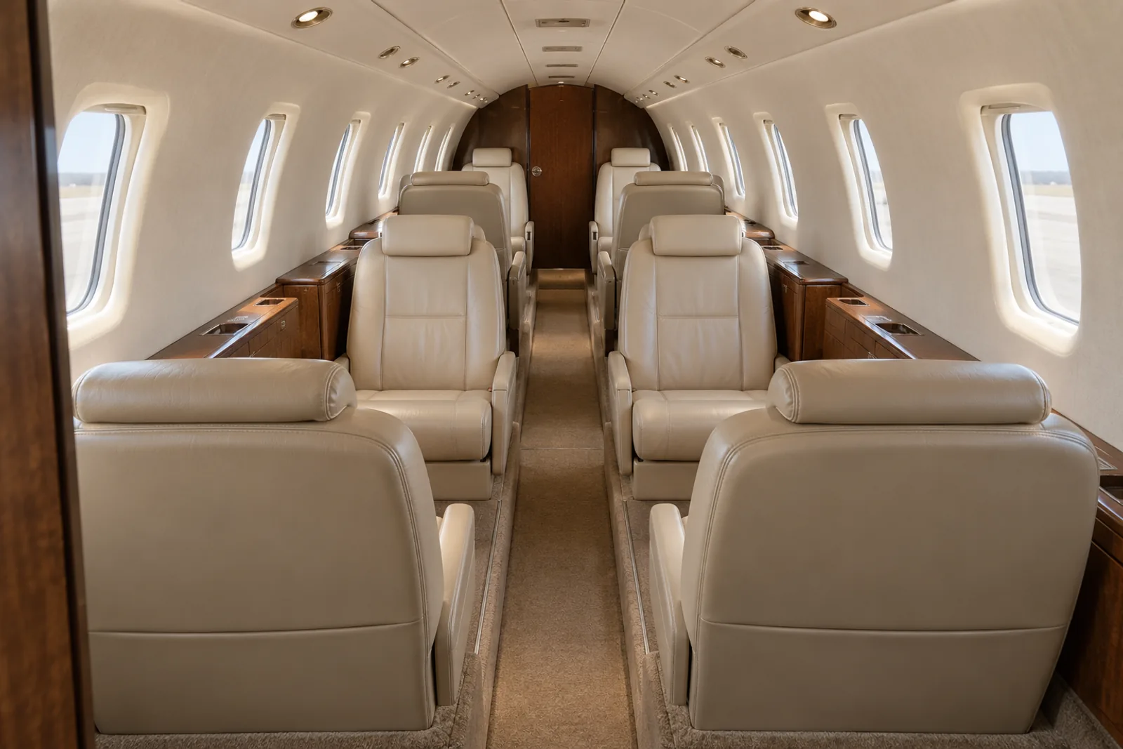 Cessna Citation V cabin interior illustration: representative Citation V cabin with eight executive chairs arranged in two clubs and a recessed aisle.