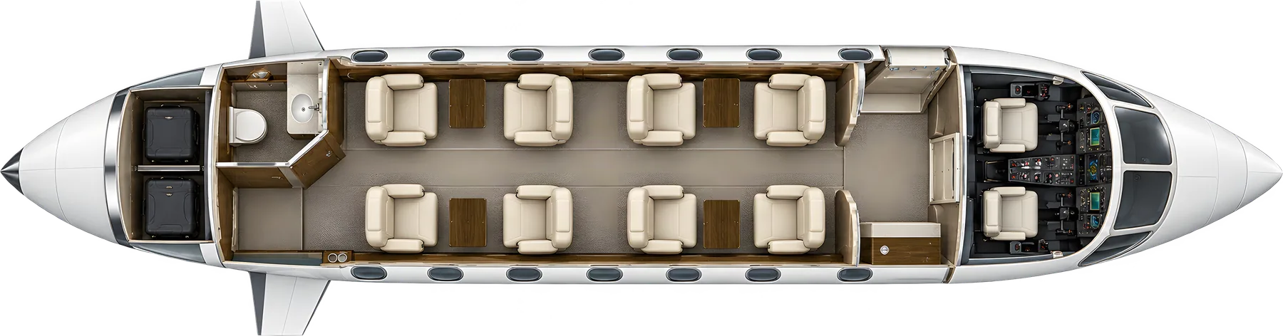 Cessna Citation V seat map illustration, layout 2: top-down view of the cabin. Typical 8-passenger layout: two four-seat clubs, forward refreshment center, aft belted lavatory.