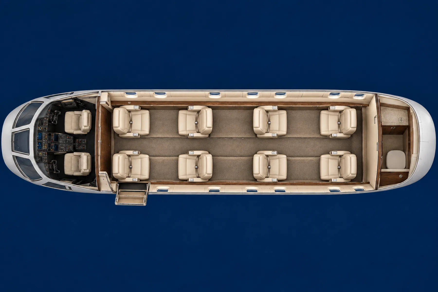 Cessna Citation V seat map illustration: top-down view of the cabin. Representative eight-passenger double-club layout. Optional aft passenger seat omitted. Interiors vary by aircraft.