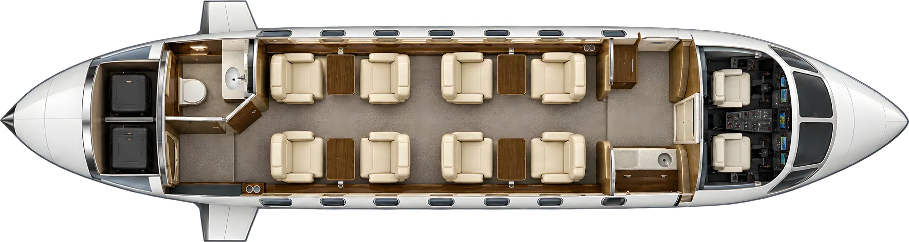 Cessna Citation X seat map illustration: top-down view of the cabin. Typical 8-passenger layout: two clubs of four, forward galley, aft lavatory and separate baggage hold.