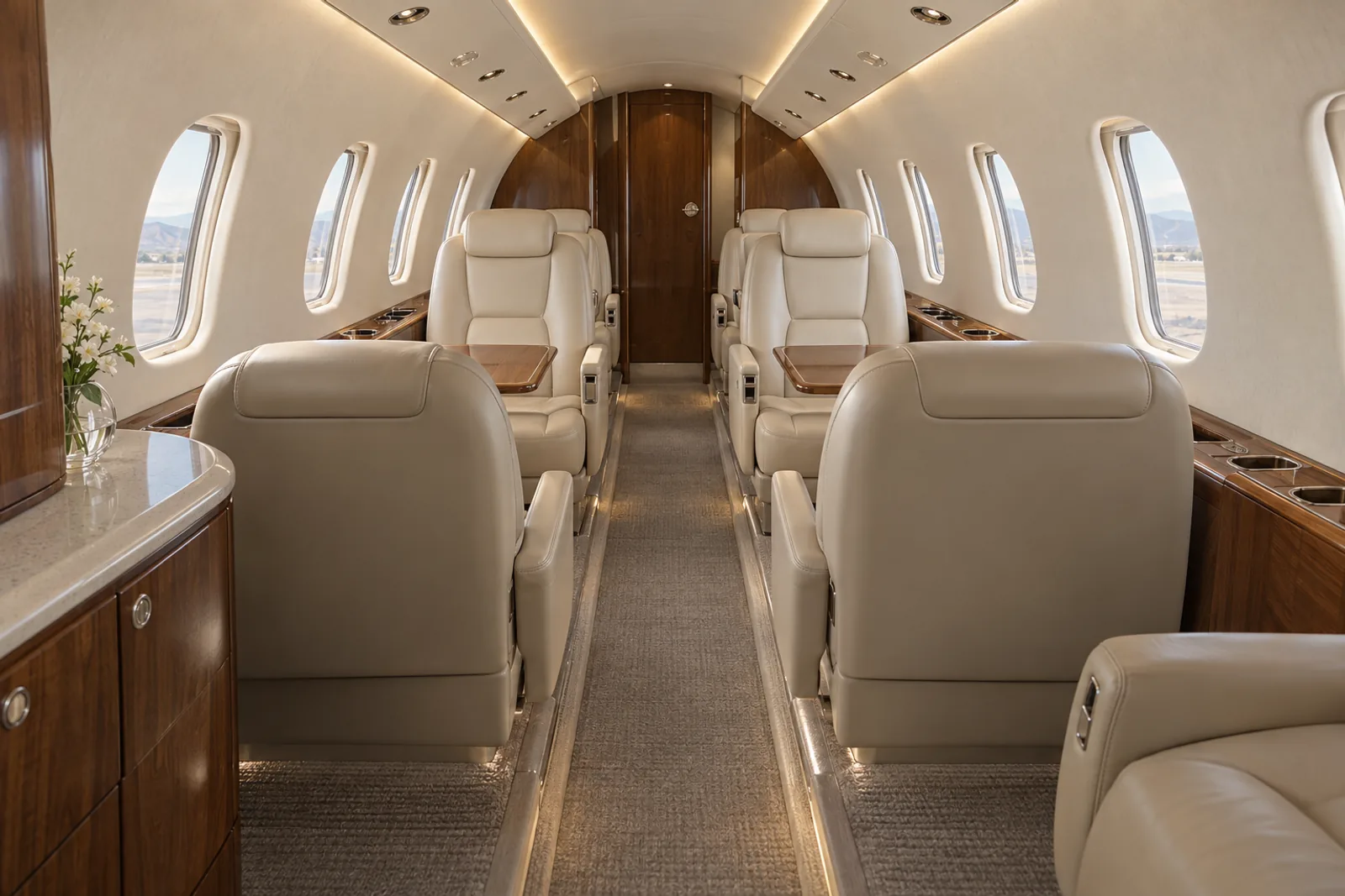 Cessna Citation XLS cabin interior illustration: representative original Citation XLS cabin with a four-seat club and aft seating.