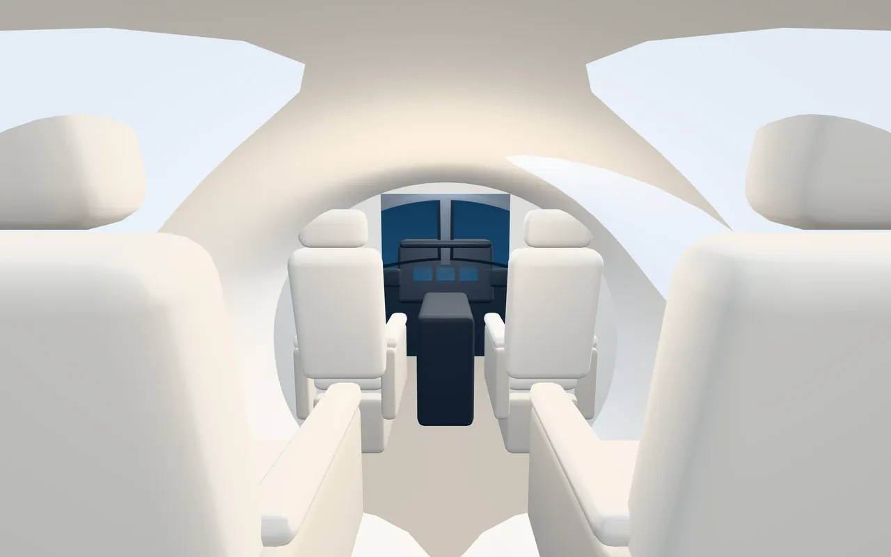 Cirrus Vision Jet 3D cabin interior illustration looking forward: a representative 5-seat layout in a 5 ft 1 in wide, 4 ft 1 in tall cabin.