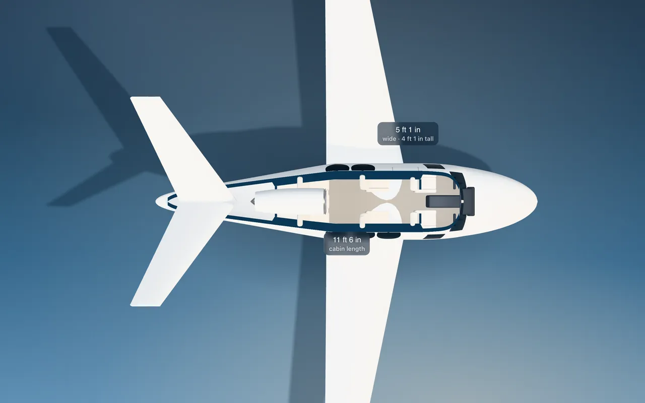 Cirrus Vision Jet 3D seat map illustration: plan view cut through the 11 ft 6 in cabin, with a representative 5-seat layout.