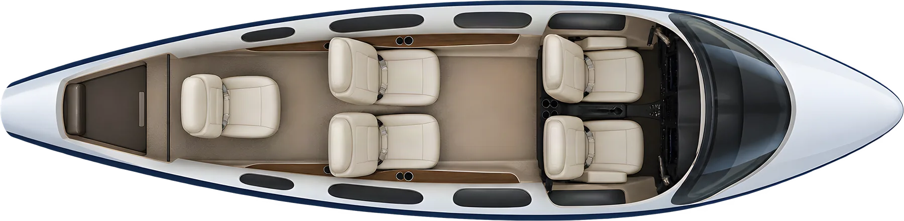 Cirrus Vision Jet seat map illustration: top-down view of the cabin. Illustrated 2019 family arrangement: five occupants including two cockpit positions and three passenger chairs. Optional child seats omitted. Fuselage cutaway only.