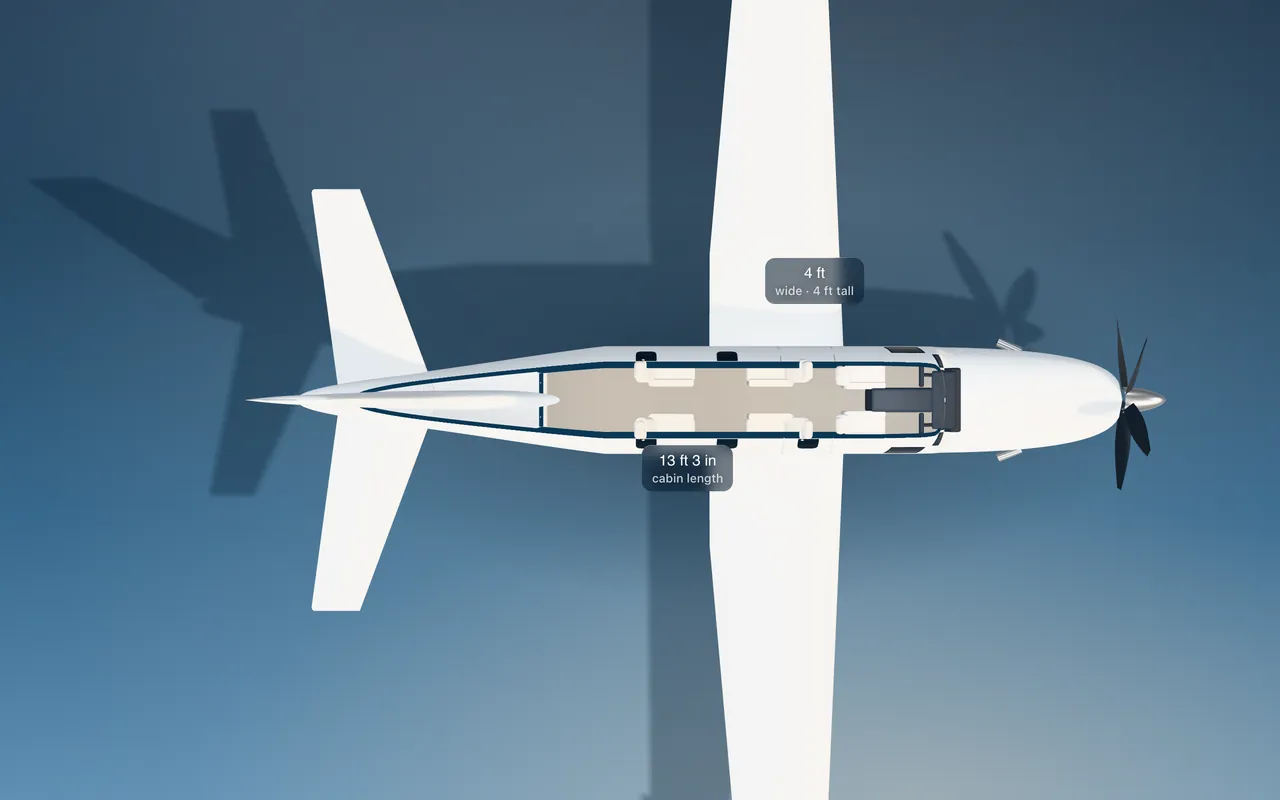 Daher TBM 960 3D seat map illustration: plan view cut through the 13 ft 3 in cabin, with a representative 4-seat layout.