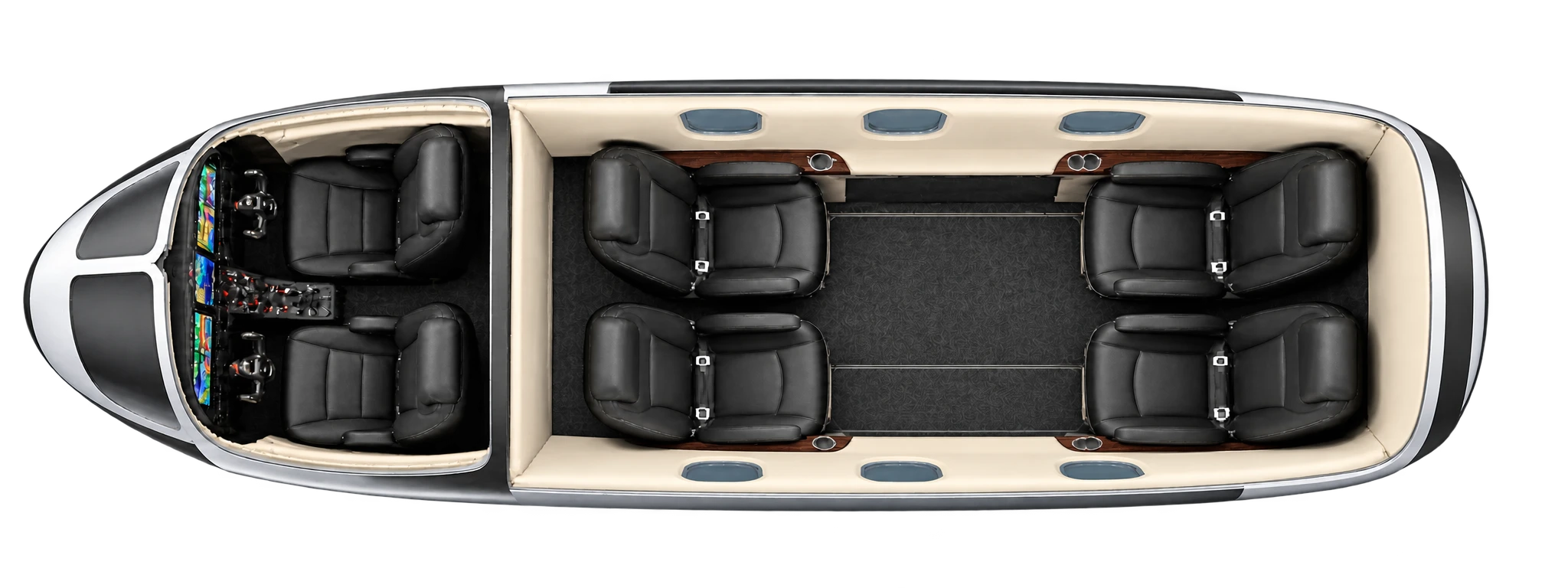 Daher TBM 960 seat map illustration. Representative seating illustration: four cabin seats in opposed club pairs and two separate cockpit positions. Entry, baggage and service details are omitted; this is not a complete fuselage drawing. Actual configuration varies.