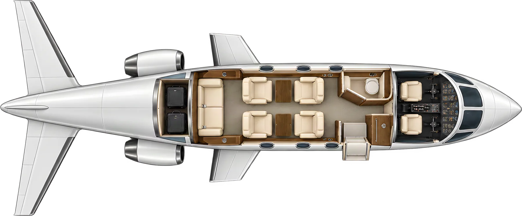 Dassault Falcon 10 seat map illustration: top-down view of the cabin. Typical 6-passenger layout: a club of four, a two-place aft bench, forward galley and lavatory, aft baggage.