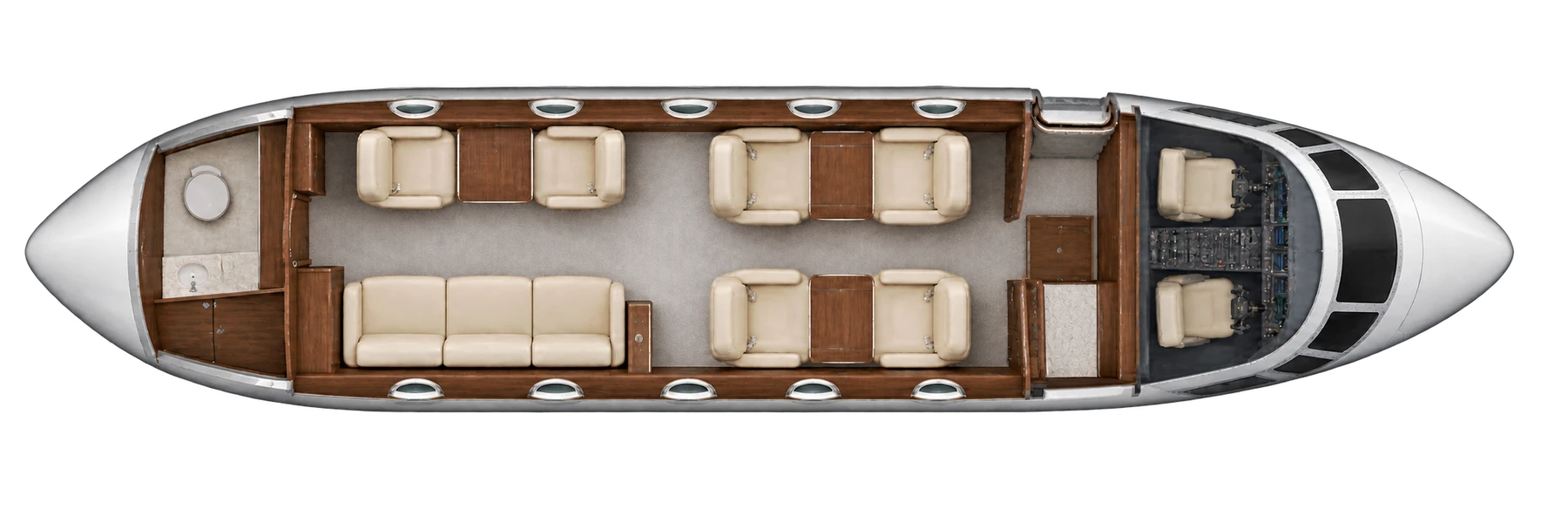 Dassault Falcon 20-5 series seat map illustration: top-down view of the cabin. Six chairs and a three-place divan provide nine main-cabin positions. Crew and lavatory excluded. Actual completion varies.