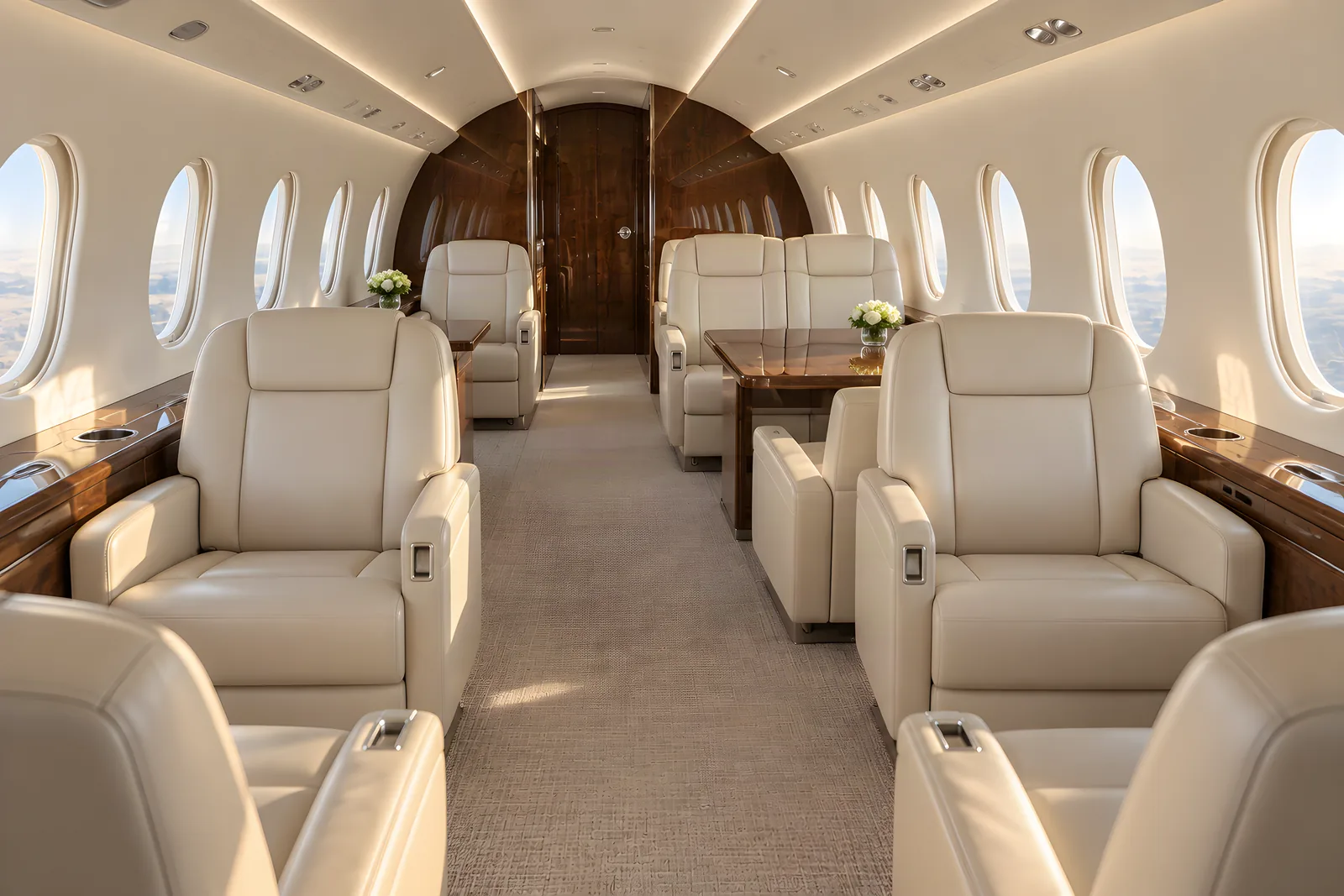 Dassault Falcon 2000EX (design reference) cabin interior illustration: illustrative Falcon 2000EX ten-seat example with a forward club and an aft conference group. Not a photograph of this aircraft.