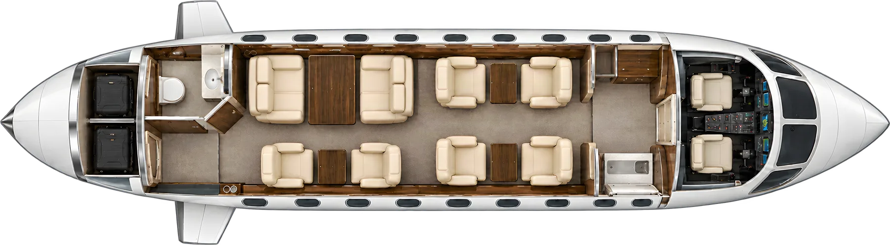 Dassault Falcon 2000EX (design reference) seat map illustration: top-down view of the cabin. Ten main-cabin places: a forward club of four, an aft conference group of four opposite two single seats, forward galley and aft lavatory. This is an example arrangement; actual interiors and equipment vary.