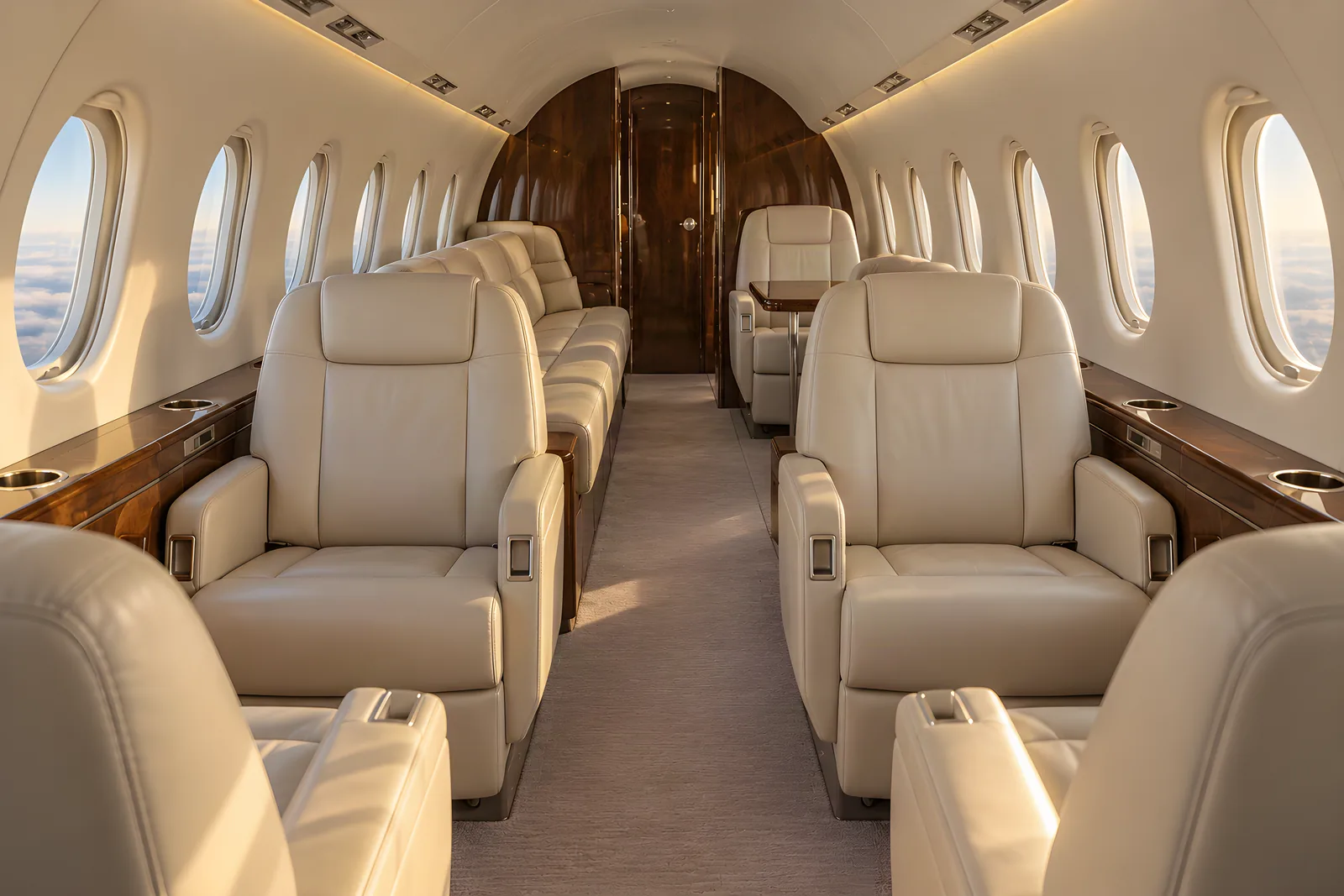 Dassault Falcon 50 cabin interior illustration: warm natural light fills a compact Dassault Falcon 50 cabin with cream leather club chairs, an aft three-place divan, wood veneer cabinetry and oval windows, viewed at eye level looking aft down the aisle.