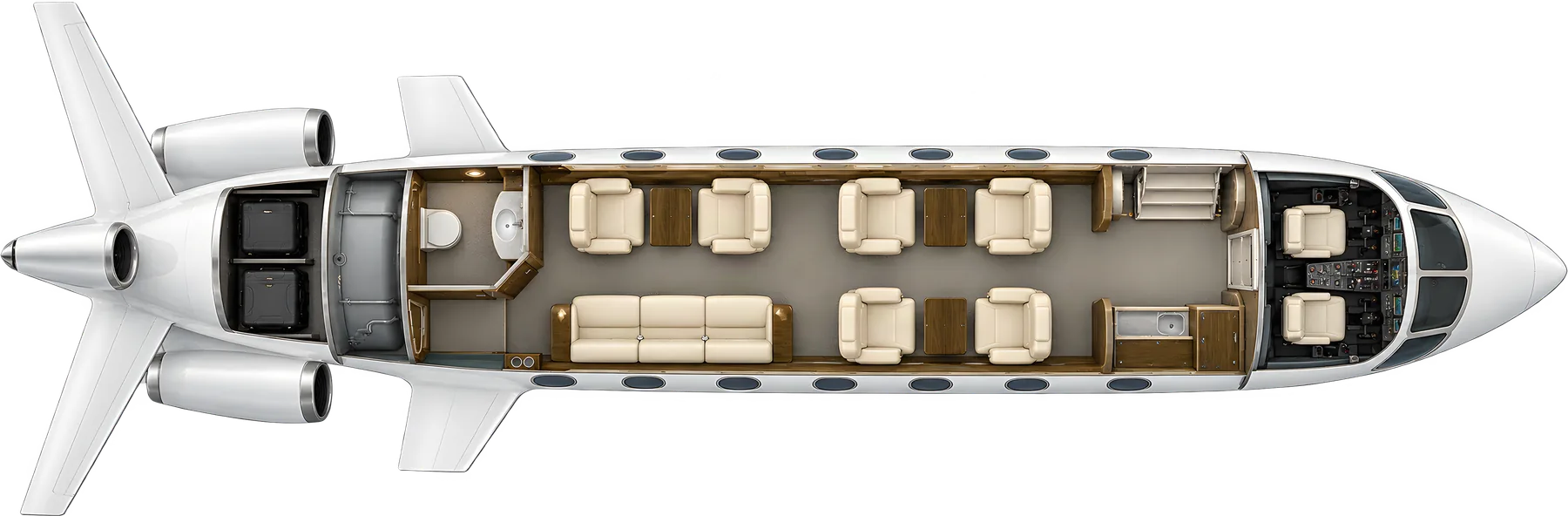 Dassault Falcon 50 seat map illustration: top-down view of the cabin. Typical 9-passenger layout: a club of four, two aft club seats opposite a three-place divan, forward galley and aft lavatory.